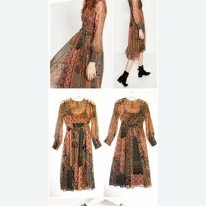 Zara Boho Patchwork Long Sleeve Dress. Midi. Semi sheer w/black lining. Sz S